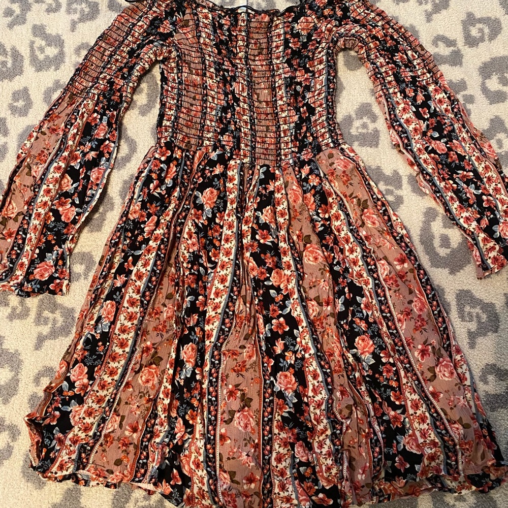 Flowery pink dress.
